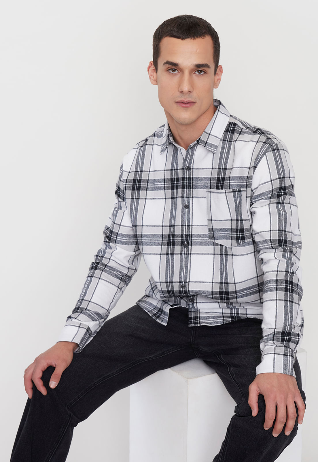 Camisa Hombre Print Cuadros Negro