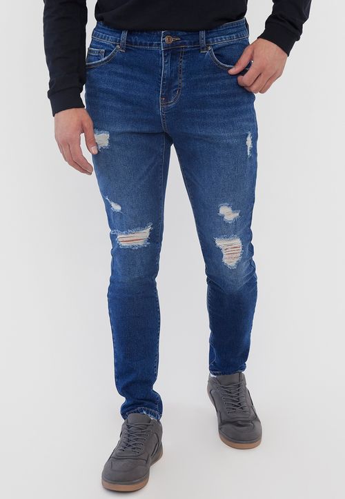 Jeans Hombre Super Skinny Fit Azul Roturas