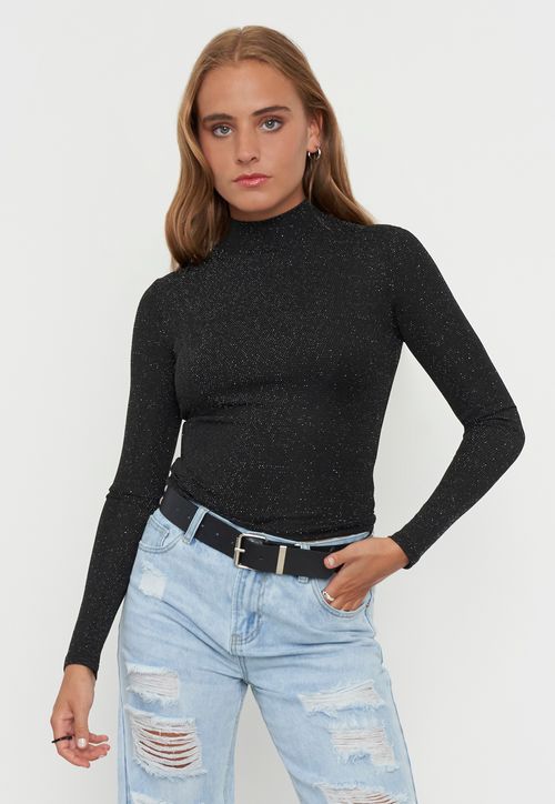 Polera Mujer Cuello Moc Metalizada Negro Metalizado