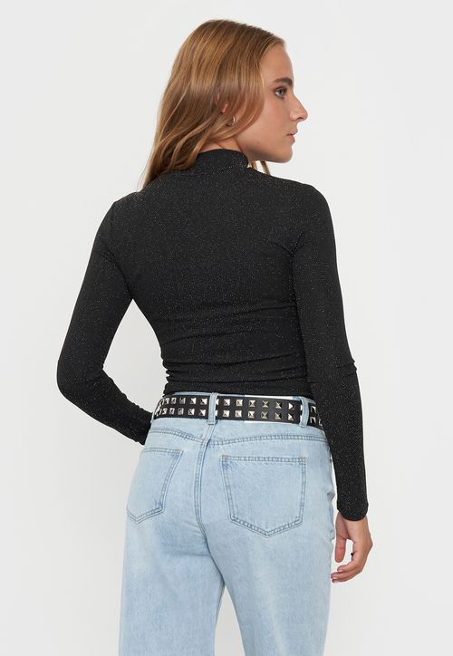 Polera Mujer Cuello Moc Metalizada Negro Metalizado