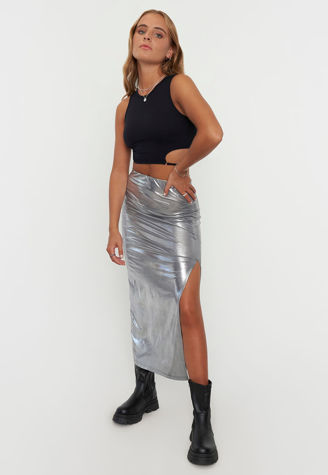 Falda Mujer Midi Poliéster Reciclado Metalizada Metalico