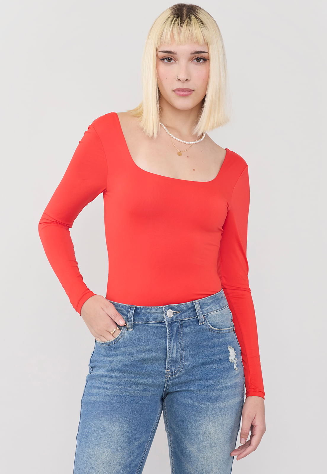 Body Mujer Manga Larga Cuello Cuadrado Rojo