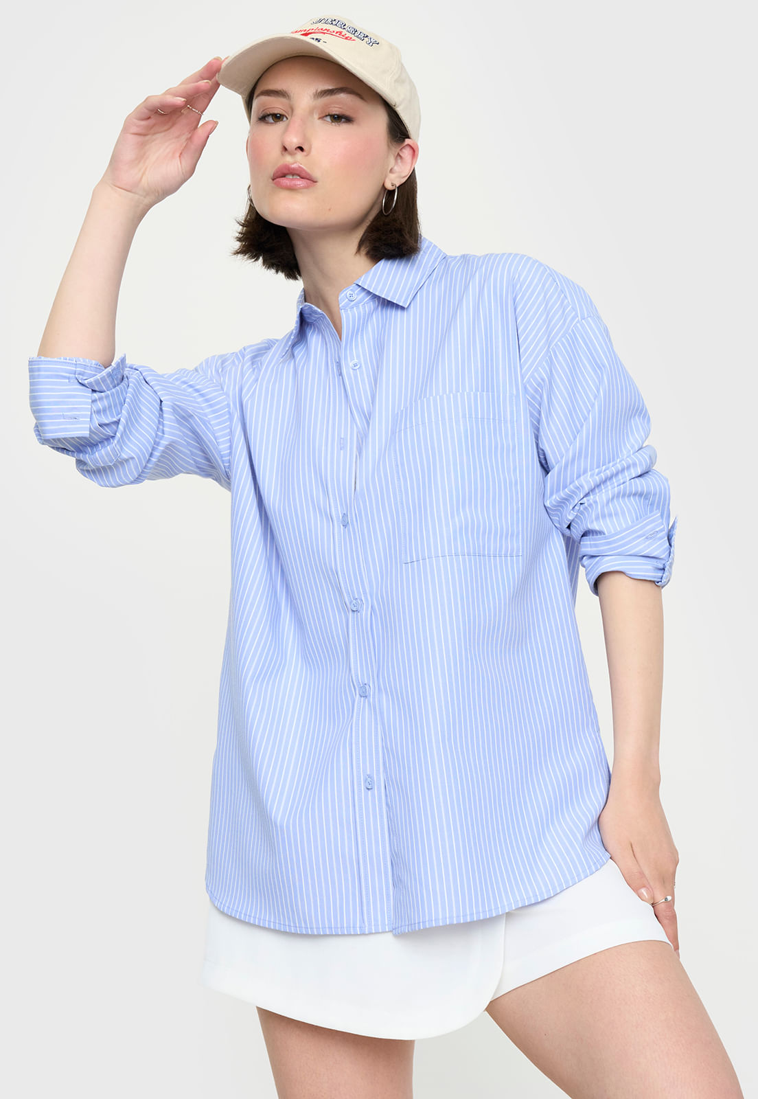 Blusa Mujer Popelina Oversize Celeste Líneas Blancas