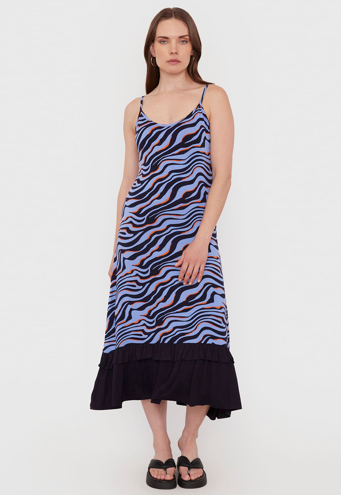 Vestido Mujer Vuelo Contraste Zebra Azul Con Ruedo Navy