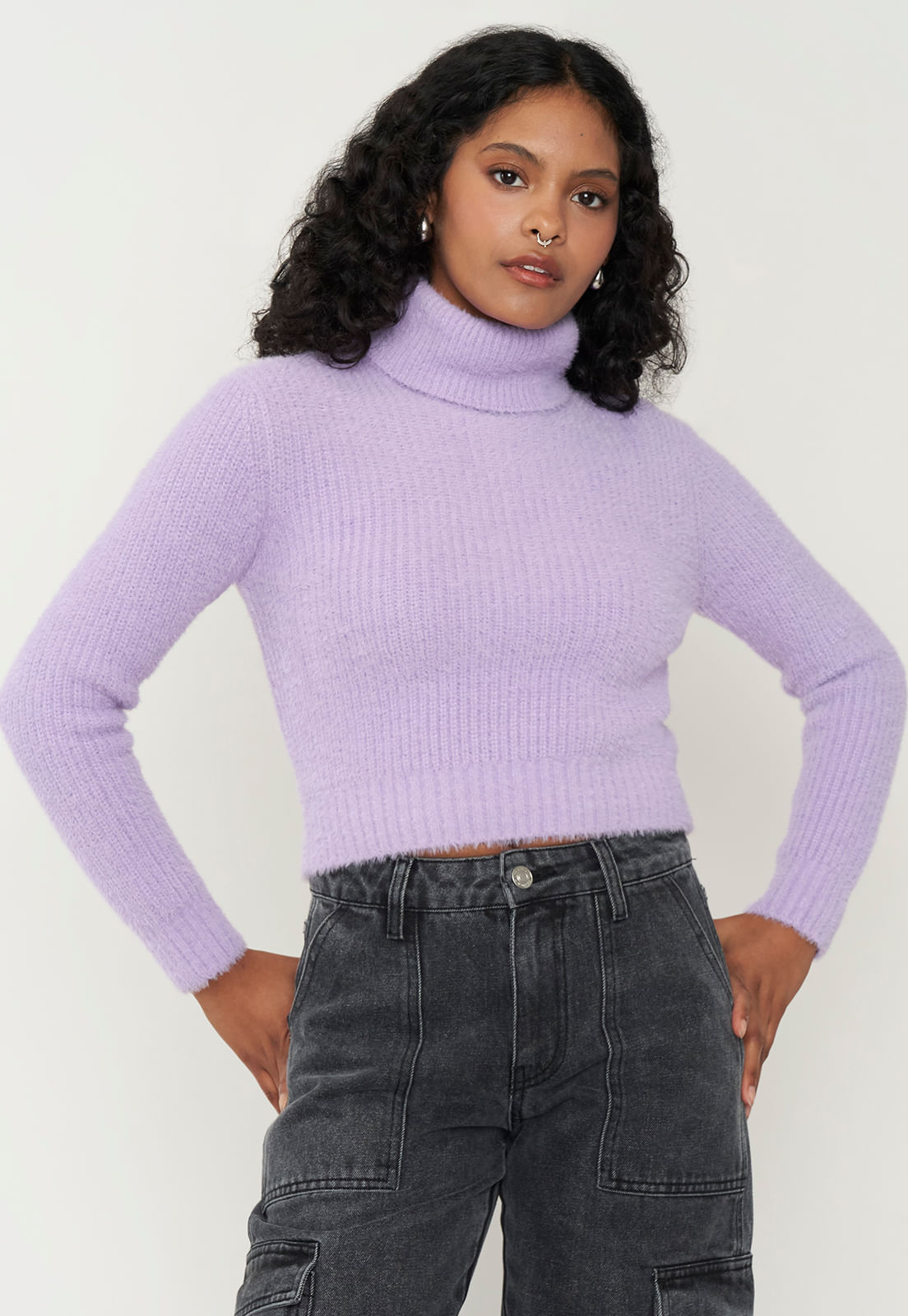 Sweater Mujer Lila Crop Cuello Tortuga Lila