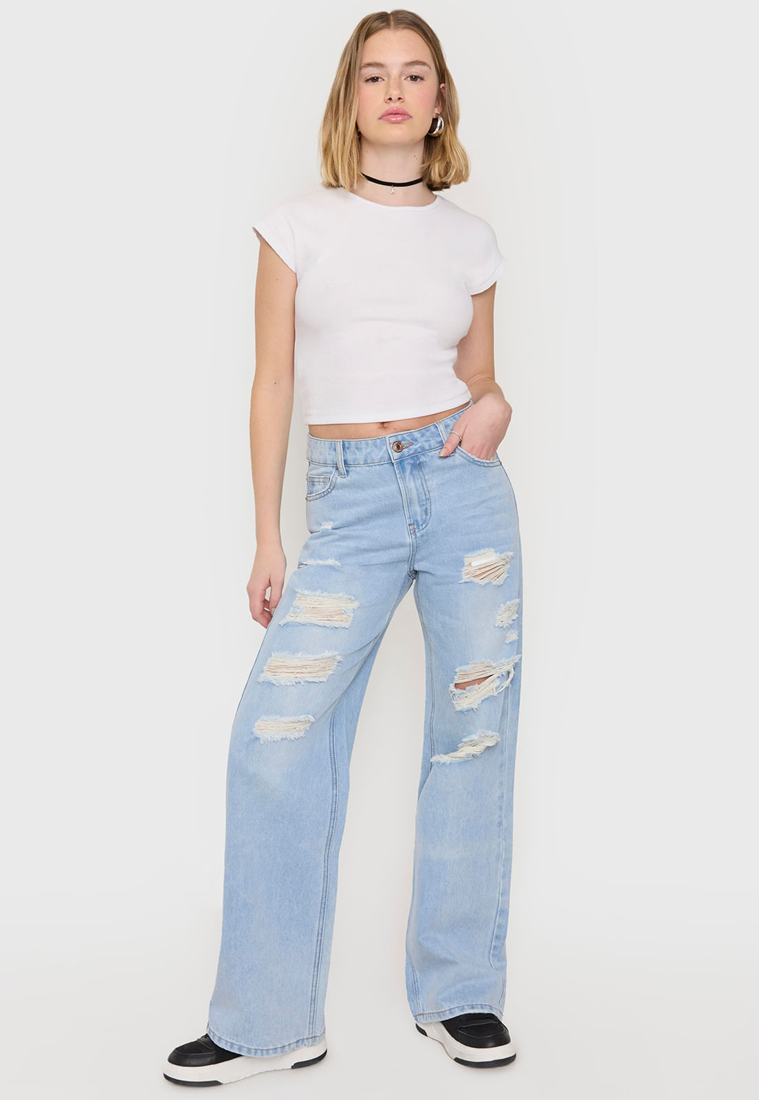 Jeans Mujer Roturas Wide Azul Claro