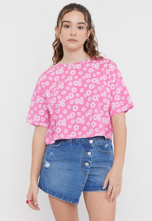 Polera Niña Teen Crop Full Print Rosado