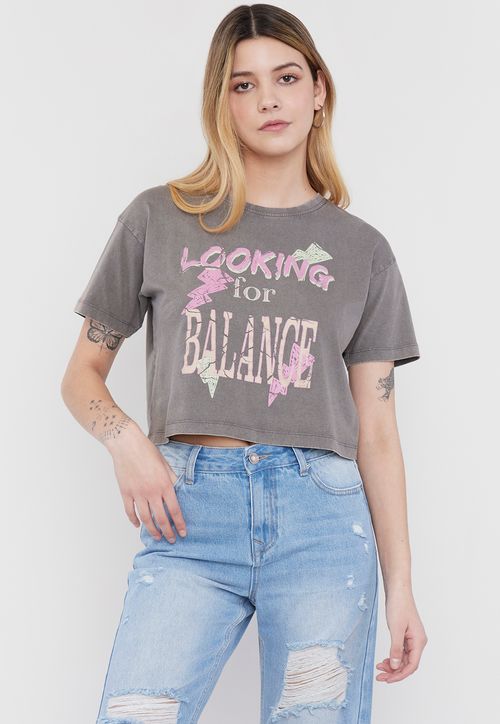 Polera Mujer Fun Manga Corta Crop Gris