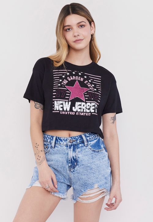 Polera Mujer Fun Manga Corta Crop Negro Vasity