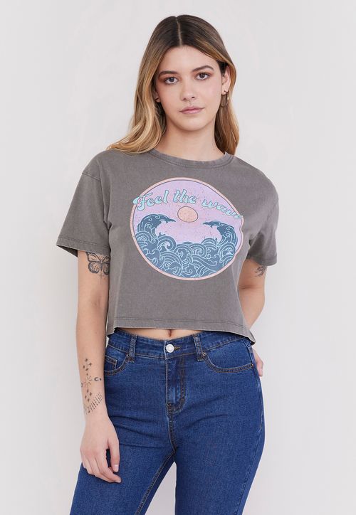 Polera Mujer Fun Manga Corta Crop Gris Waves