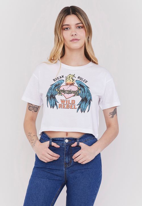 Polera Mujer Fun Manga Corta Crop Blanco