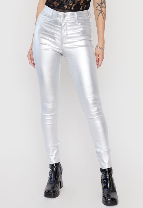 Pantalón Mujer Metalizado Plateado Straight