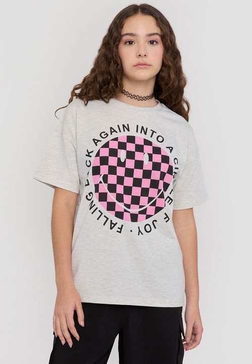 Polera Niña Teen Manga Corta Smiley Gris Melange