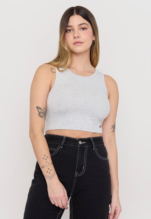 Polera Mujer Sin Mangas Crop Gris Melange
