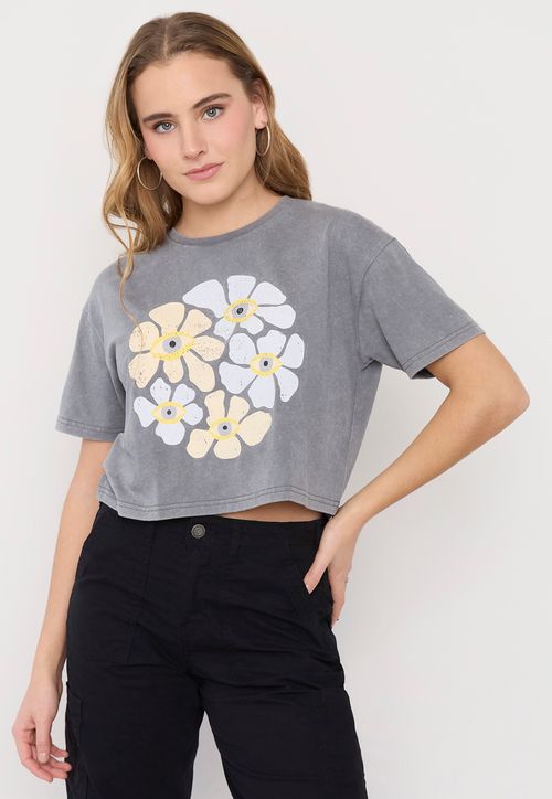 Polera Mujer Fun Manga Corta Crop Gris Acid Wash
