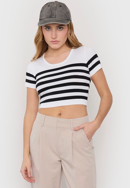 Polera Mujer Manga Corta Cuello Redondo Blanco Rayas