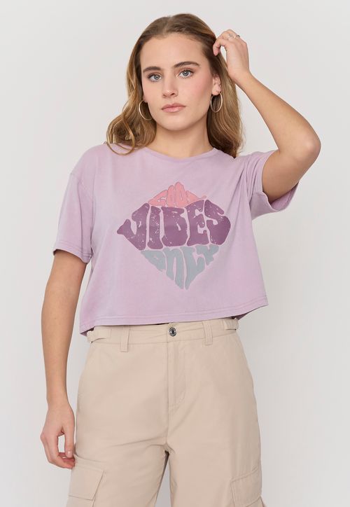 Polera Mujer Fun Manga Corta Crop Rosado Acid Wash