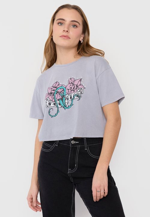 Polera Mujer Fun Manga Corta Crop Gris Brillo Acid Wash