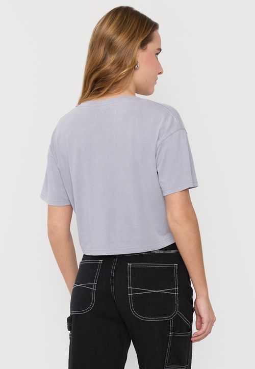 Polera Mujer Fun Manga Corta Crop Gris Brillo Acid Wash