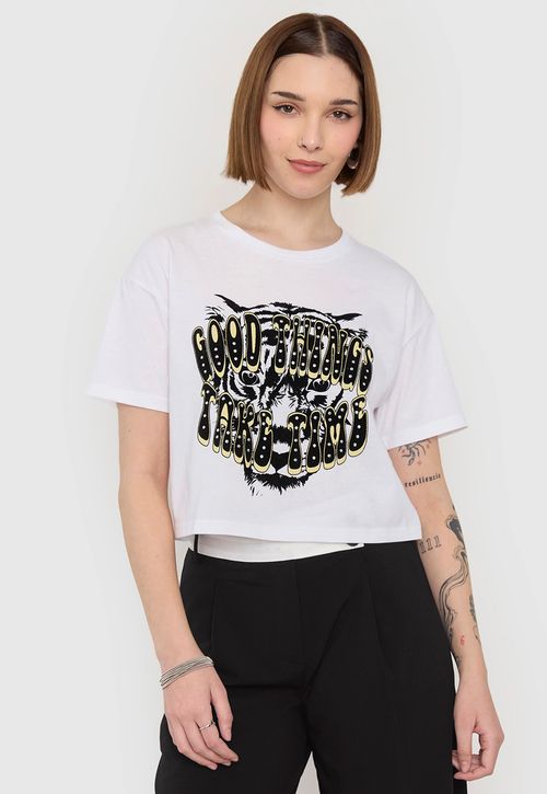 Polera Mujer Fun Manga Corta Crop Blanco Animal