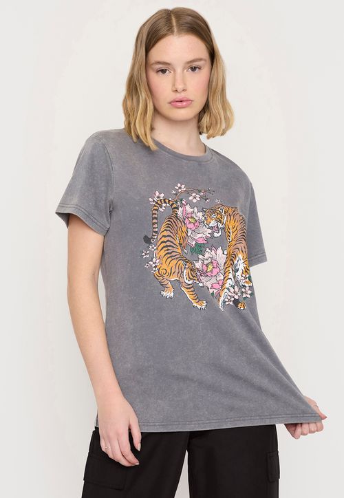 Polera Mujer Fun Oversize Gris Tigre Acid Wash