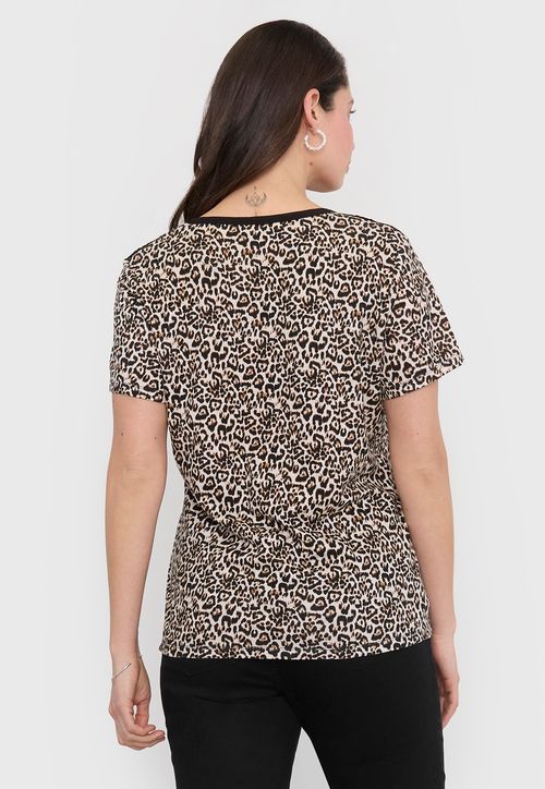 Polera Mujer Aplicación Macramé Beige Animal Print