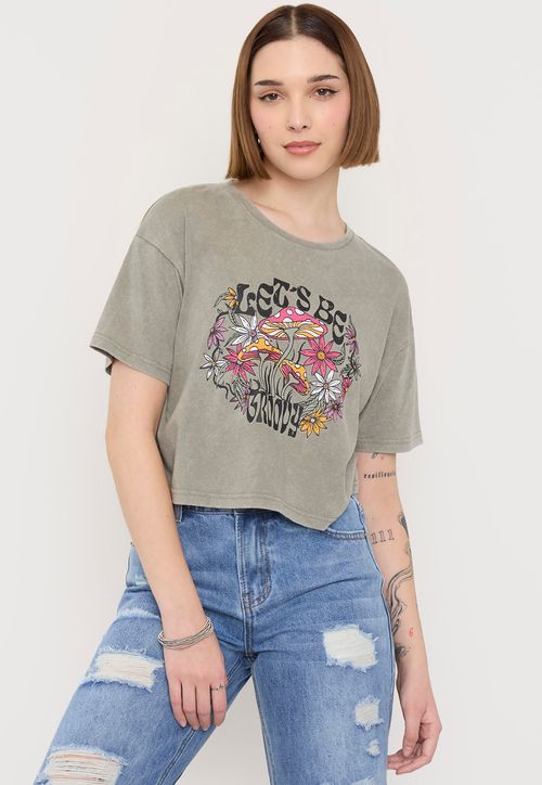 Polera Mujer Fun Manga Corta Crop Verde Acid Wash