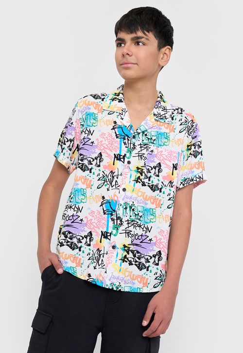 Camisa Niño Viscosa Fullprint Graffiti Blanco