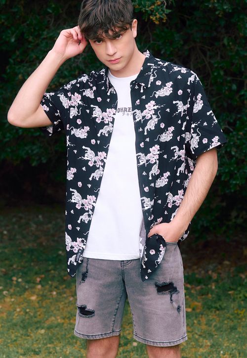 Guayabera Hombre Viscosa Tribal Negro