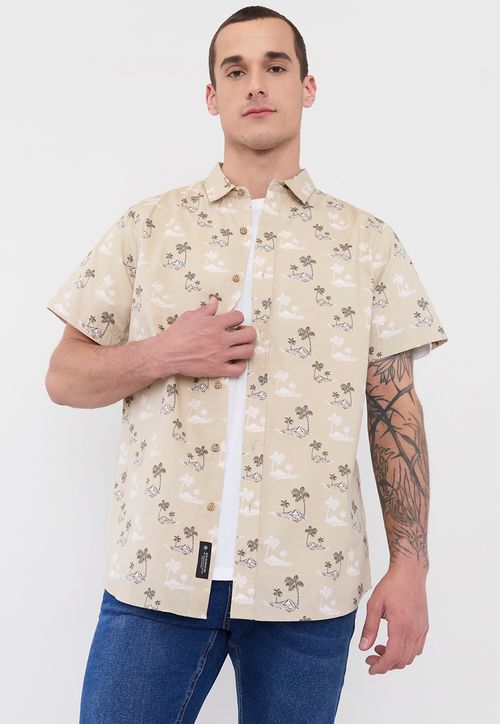 Camisa Hombre Cotton Full Print Beige