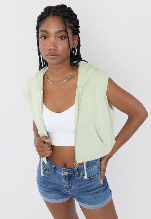 Polerón Mujer Hoddie Sin Mangas Verde Claro Melange