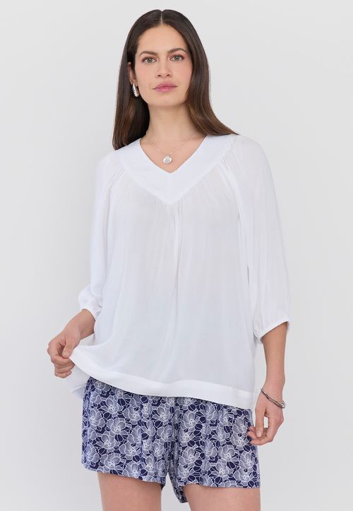 Blusa Mujer Cuello V Manga Globo Blanco