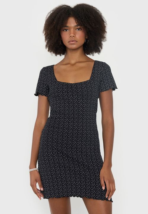 Vestido Mujer Manga Corta Romántico Print Puntos Negro