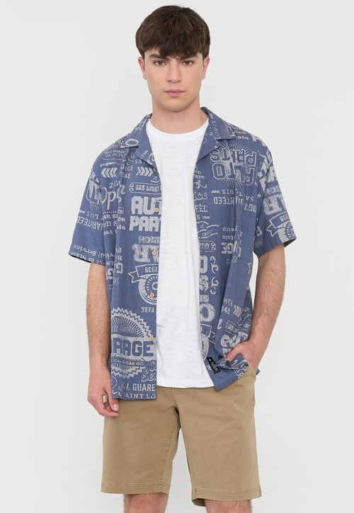 Guayabera Hombre Viscosa Lino Azul