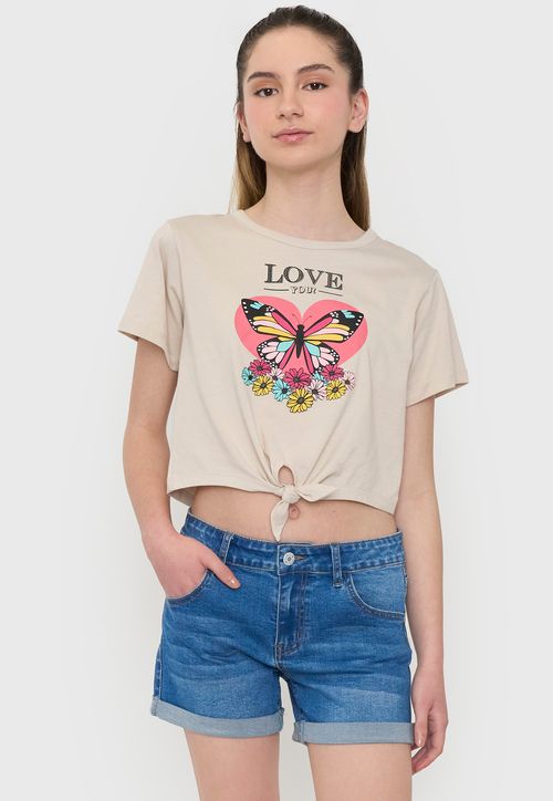 Polera Niña Teen Manga Corta Fun Nudo Beige