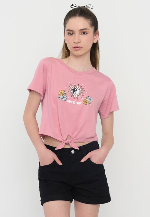 Polera Niña Teen Manga Corta Fun Nudo Rosado