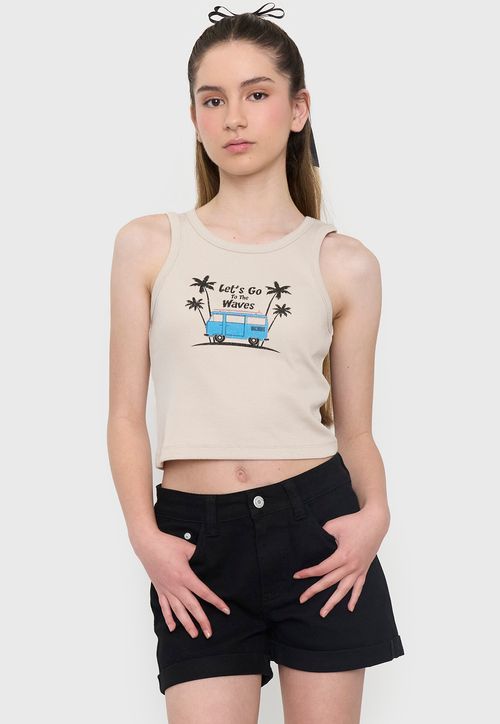 Polera Peto Niña Teen Rib Beige