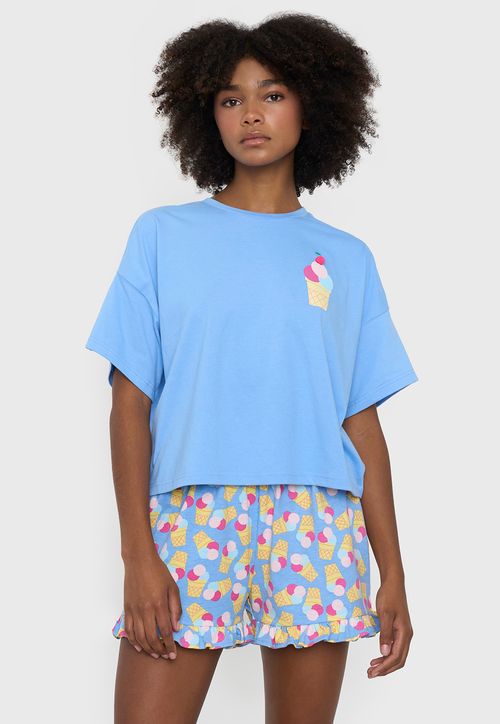 Pijama Mujer Corto Oversize Vuelos Celeste Helados