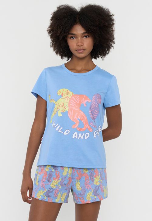 Pijama Mujer Corto Básico Celeste Tigres