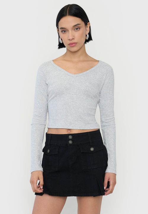 Polera Mujer M/L Cuello V Gris Melange