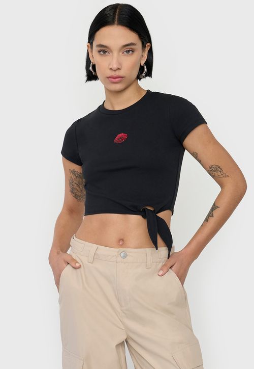 Polera Mujer Manga Corta Nudo Negro