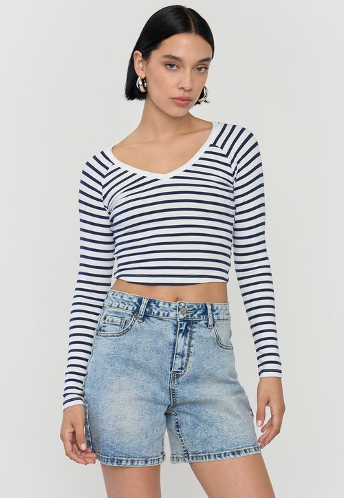 Polera Mujer M/L Cuello V Azul Marino