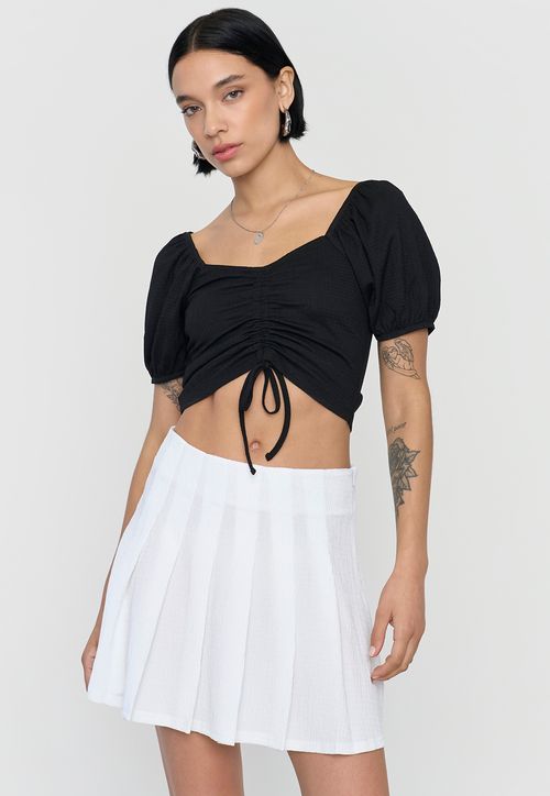 Blusa Mujer Crop Panal Manga Globo Negro