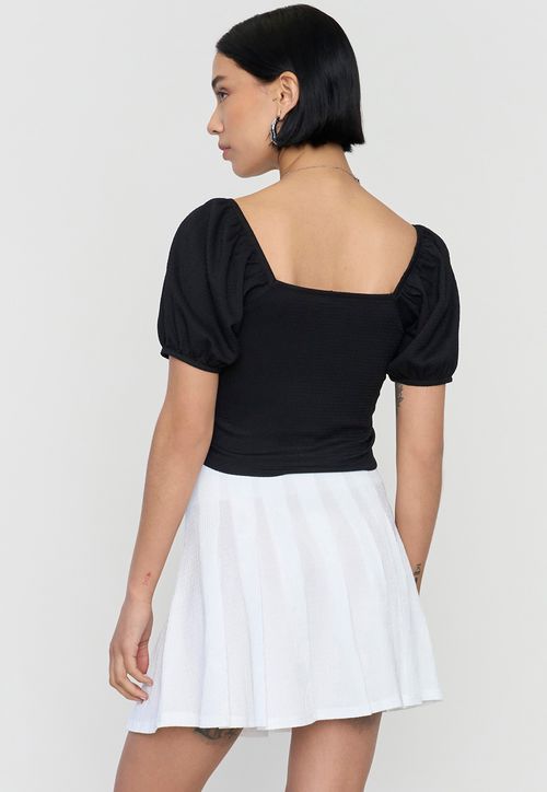 Blusa Mujer Crop Panal Manga Globo Negro