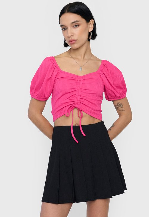 Blusa Mujer Crop Panal Manga Globo Fucsia
