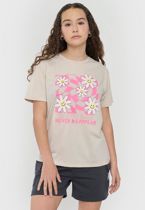 Polera Niña Teen Manga Corta Fun Oversize  Beige