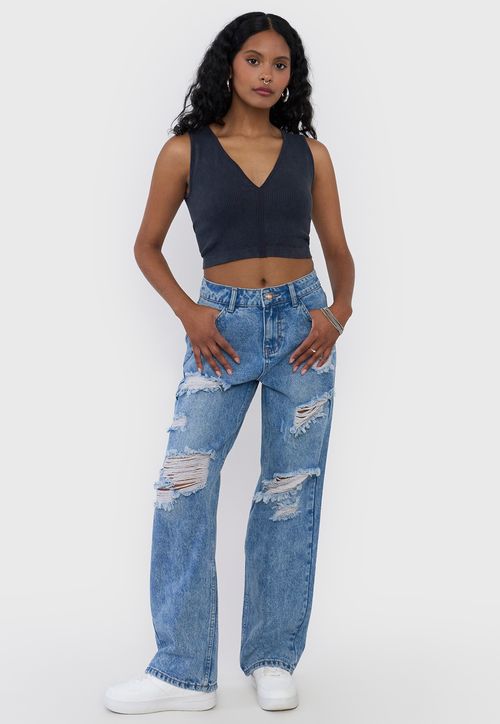 Jeans Mujer Straight Fit Full Roturas Azul Claro