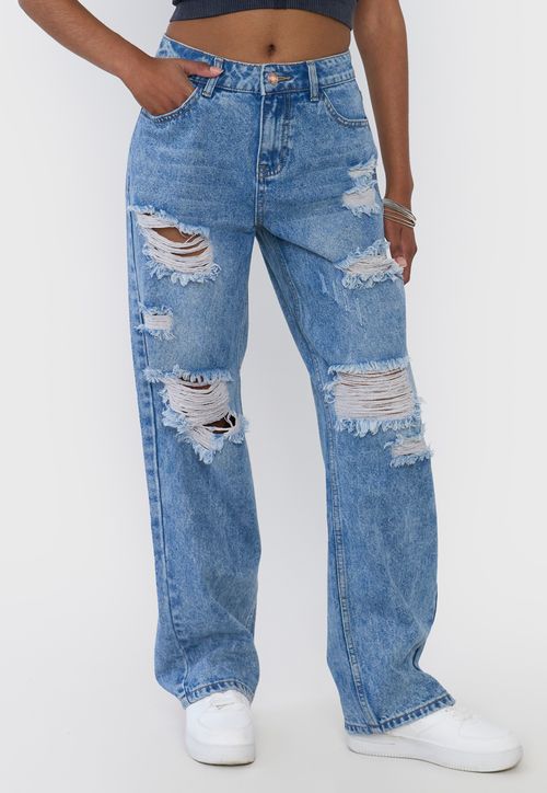 Jeans Mujer Straight Fit Full Roturas Azul Claro