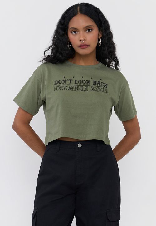 Polera Mujer Fun Manga Corta Crop Verde Oliva