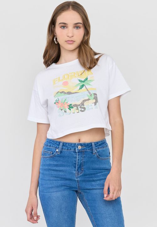Polera Mujer Print Fun Manga Corta Crop Blanco